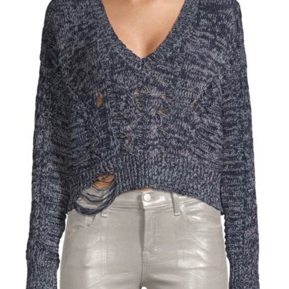 Wildfox Nancy Oxford Distressed Sweater Size Small Rib-Knit V Neck Navy Blue - Picture 8 of 8
